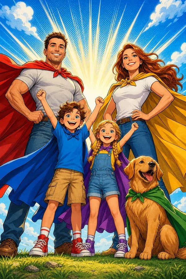 Comic cover with a caped family team — two adults, a child, and their dog