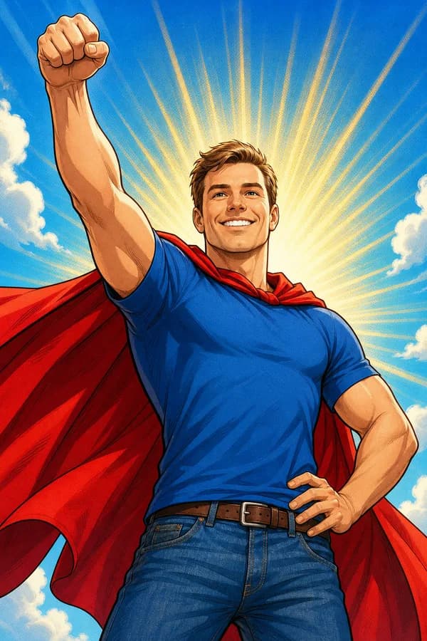 Comic cover with a single caped hero striking a triumphant pose