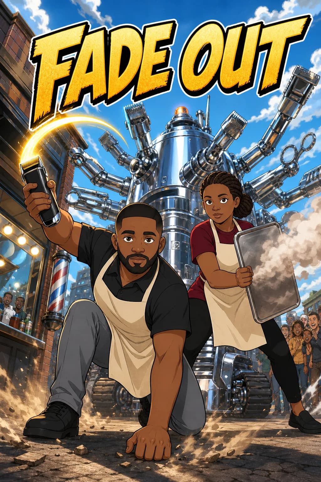Sample comic cover: “Fade Out” — a barber drops into a ready-crouch with his clippers raised while his wife shields them with a steaming baking tray, a huge chrome grooming machine looming behind.