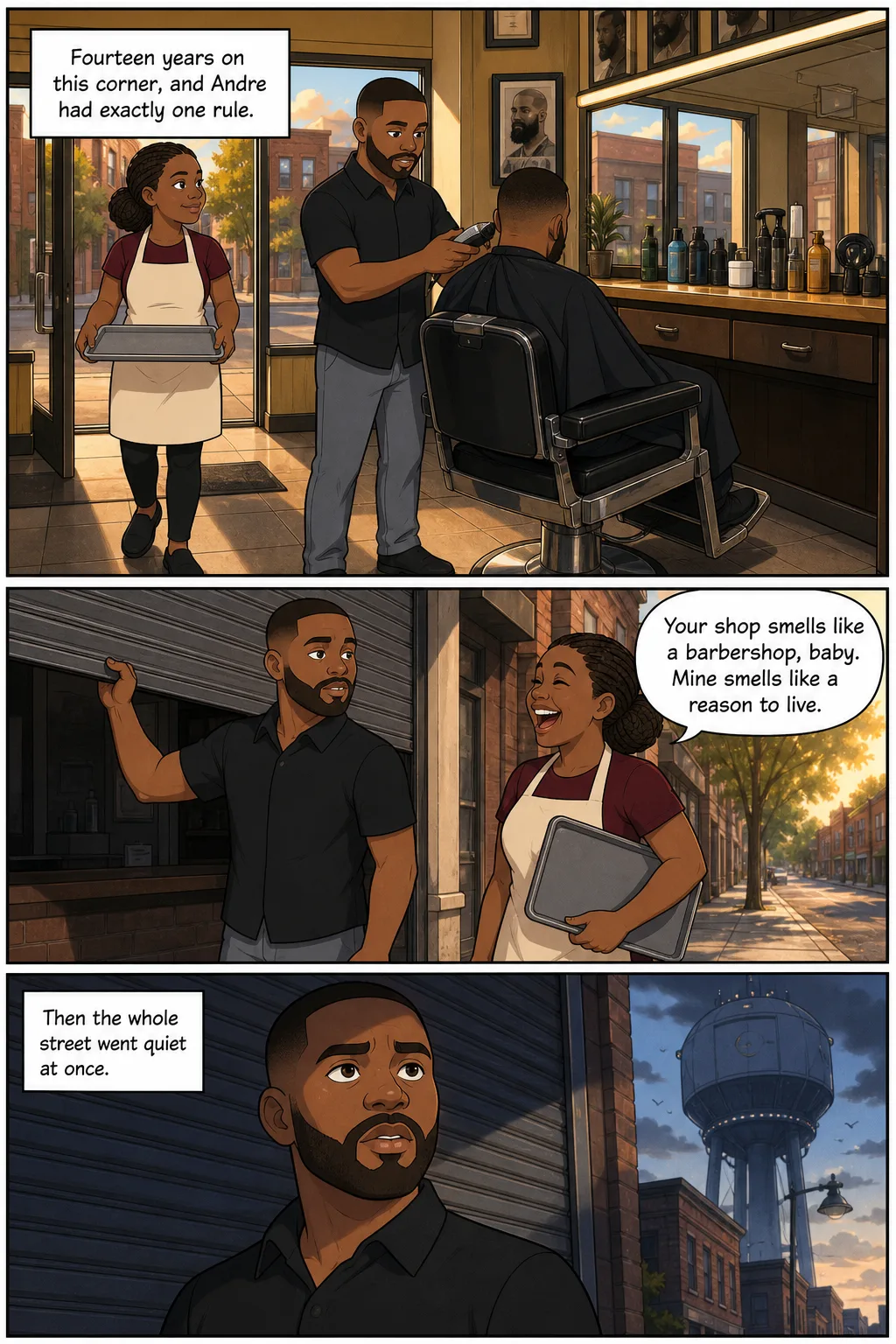 Sample interior page: three comic panels of a barber finishing a cut, closing up with his wife on the sidewalk, and something large going over the street.