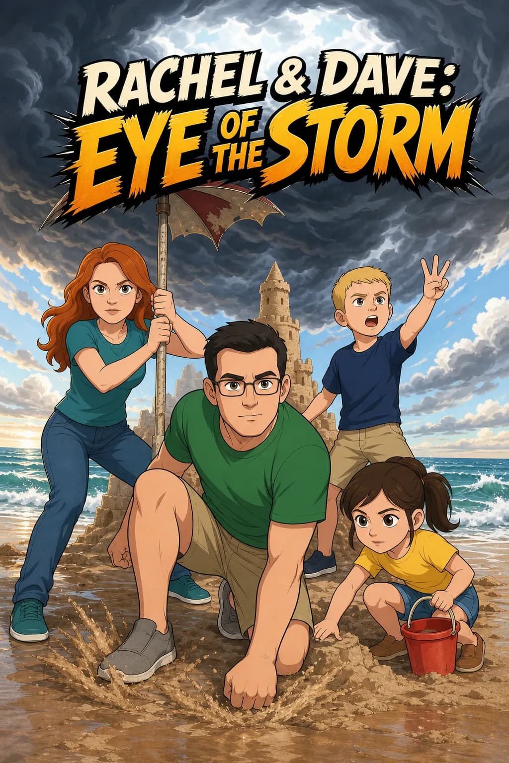 Sample comic cover: “Rachel & Dave: Eye of the Storm” — a family braces a beach umbrella against a towering storm over their sandcastle.