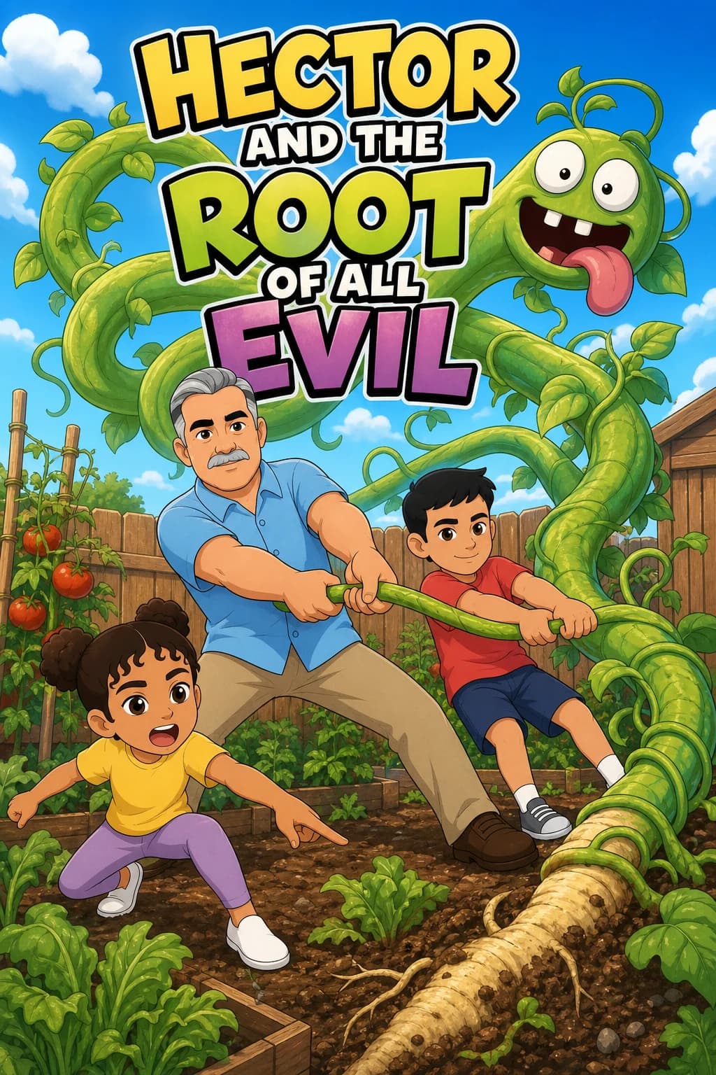 Sample comic cover: “Hector and the Root of All Evil” — a grandfather and his two grandchildren haul on a giant grinning vine in their vegetable garden.