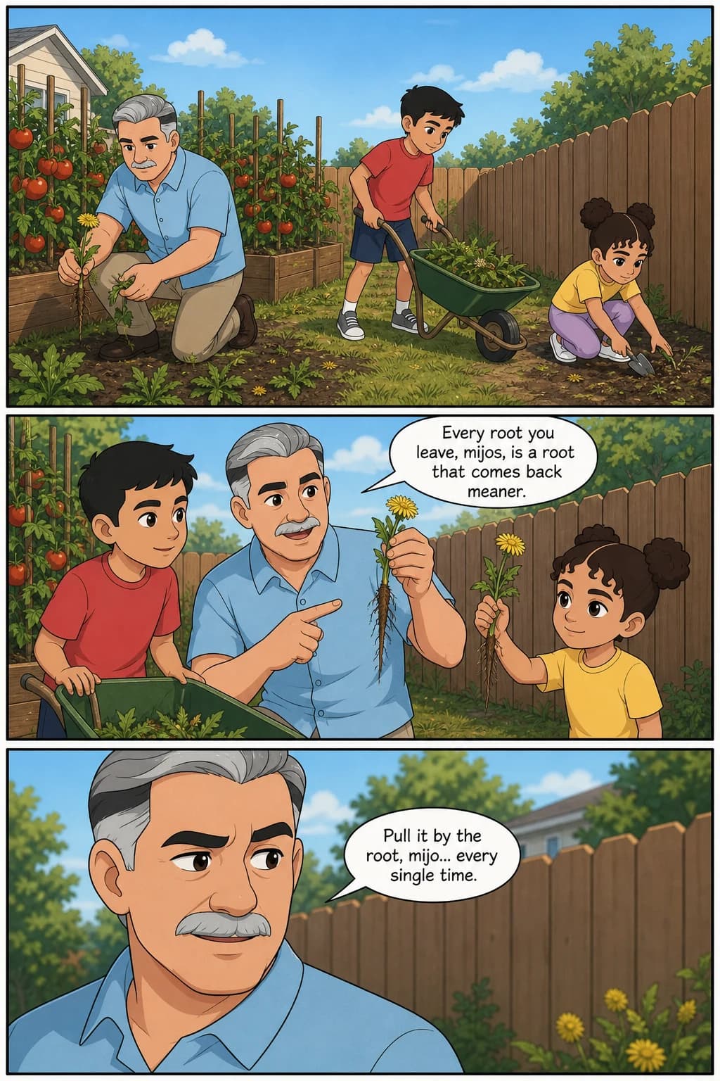 Sample interior page: three comic panels of a grandfather and his two grandchildren in the garden, with captions and speech balloons.