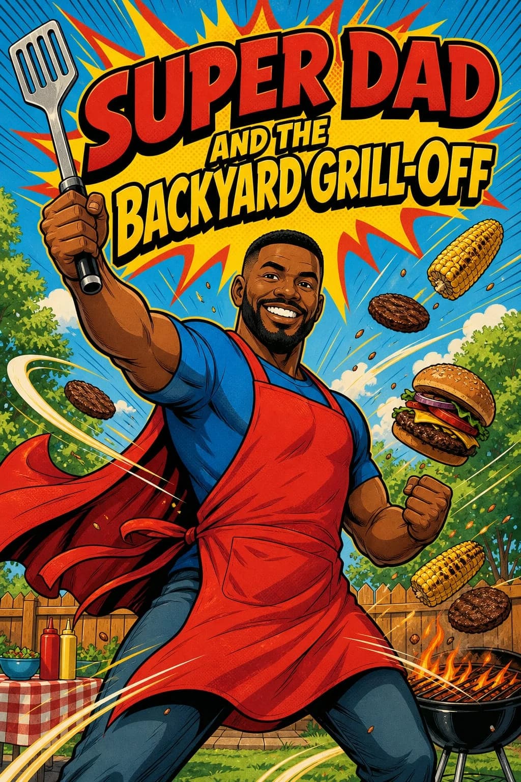 Sample comic cover: “Super Dad and the Backyard Grill-Off” — a dad in a red apron raises a spatula as burgers and corn fly around his backyard grill.