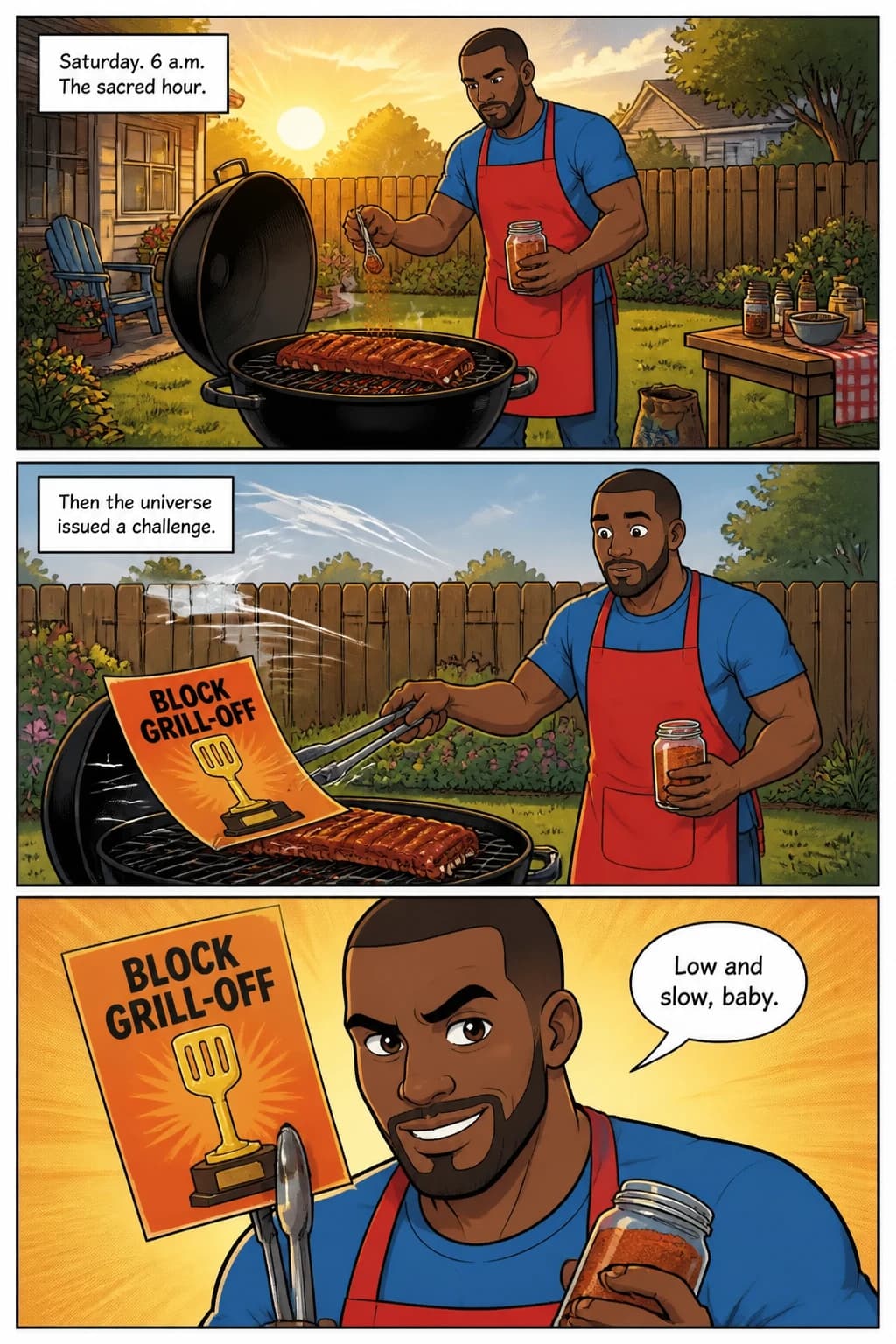 Sample interior page: three comic panels of a dad seasoning ribs at sunrise, accepting a neighborhood grill-off challenge, and raising his tongs.