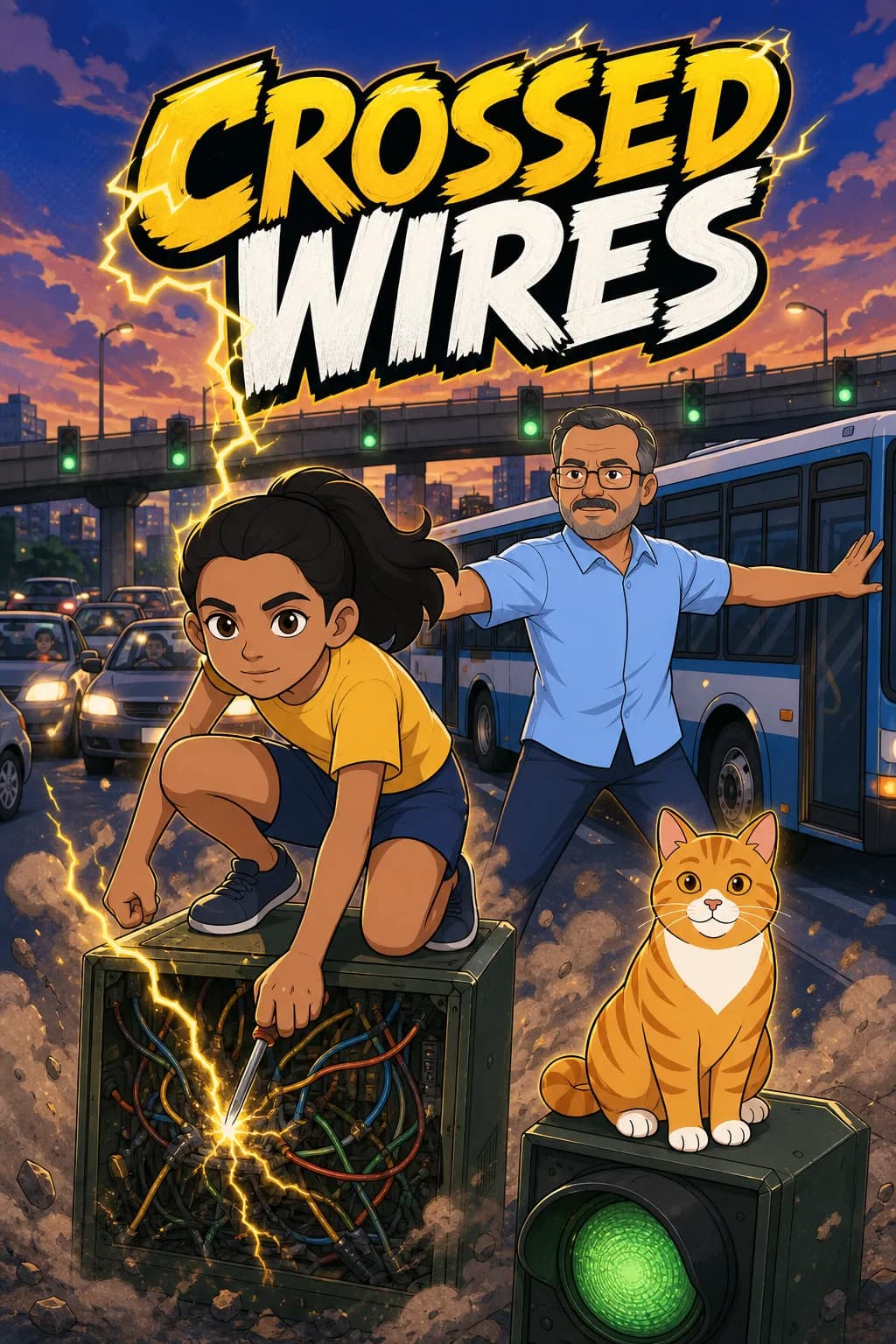 Sample comic cover: “Crossed Wires” — a nine-year-old crouches on an open signal box with a screwdriver throwing sparks, her dad holding a lane clear beside his bus, and their orange tabby sitting on a second box.