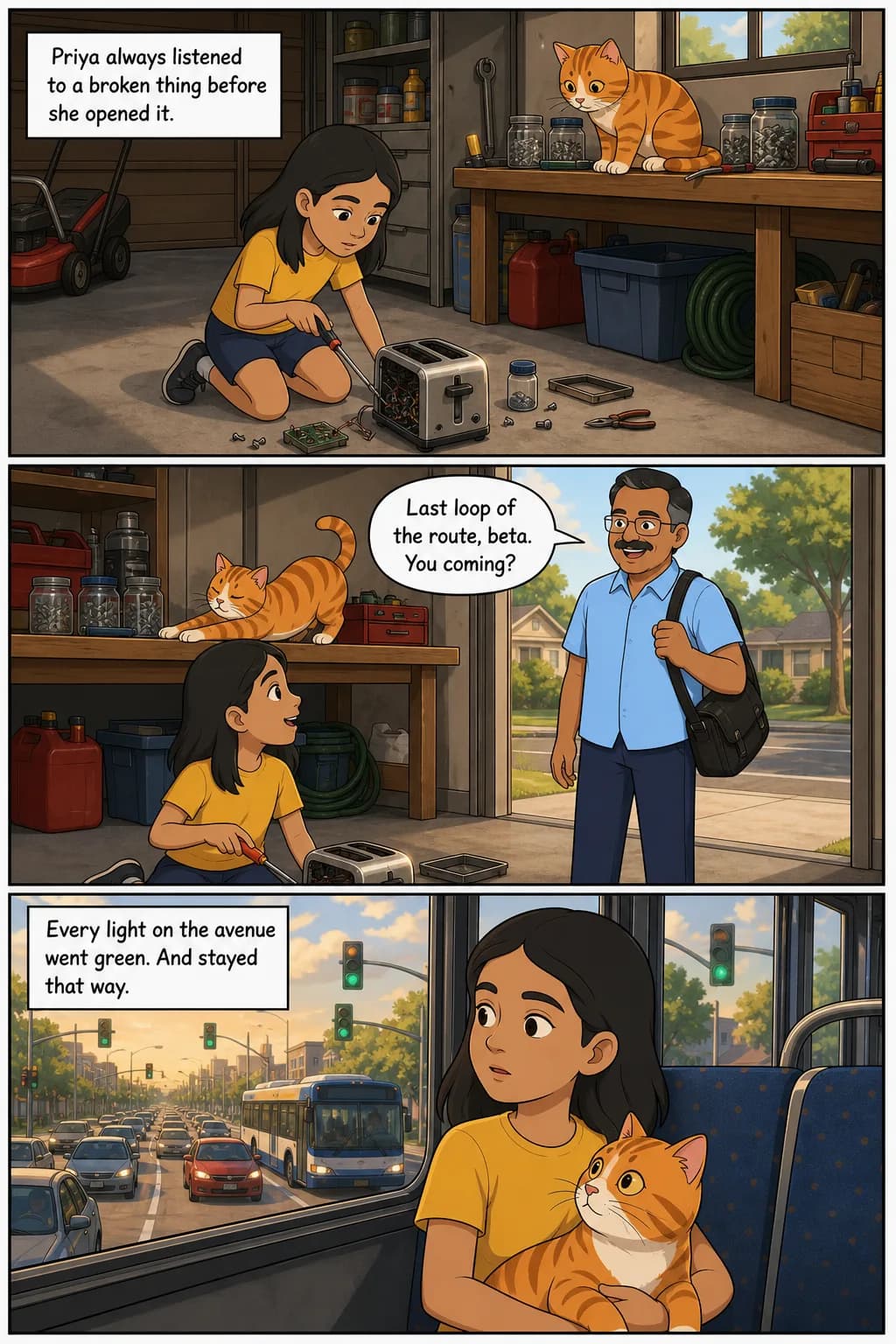 Sample interior page: three comic panels of a girl taking a toaster apart in the garage with her cat, her dad in the doorway, and every traffic light on the avenue turning green at once.