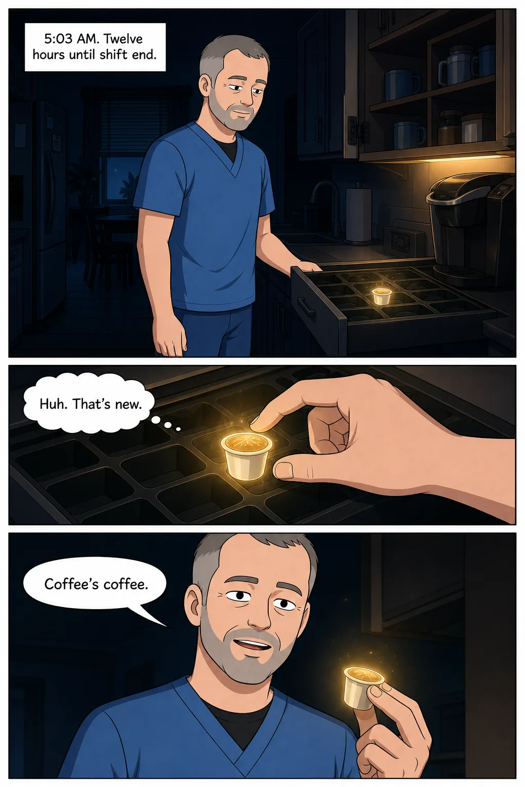 Sample interior page: three comic panels of a nurse on a night shift as something lands outside, with captions and speech balloons.