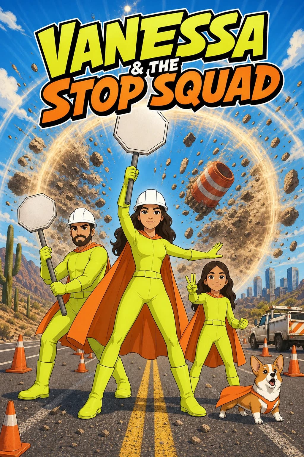 Sample comic cover: “Vanessa & the Stop Squad” — a woman in a hard hat holds up a stop sign against a wall of falling rock, with her husband, daughter, and corgi beside her.