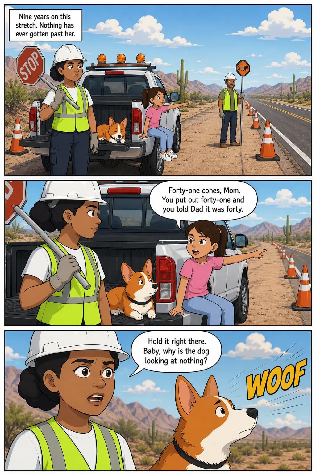 Sample interior page: three comic panels of a road crew on a desert highway, with captions and speech balloons.