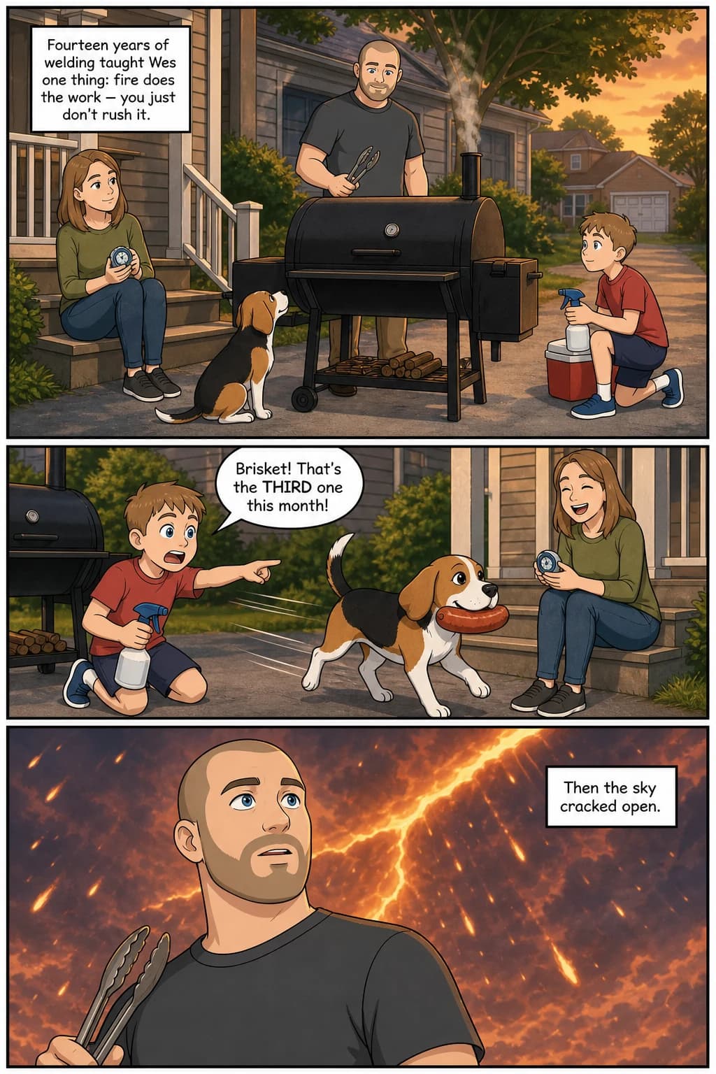 Sample interior page: three comic panels of a family around a backyard smoker at dusk, their beagle running off with a sausage, and the sky cracking open.